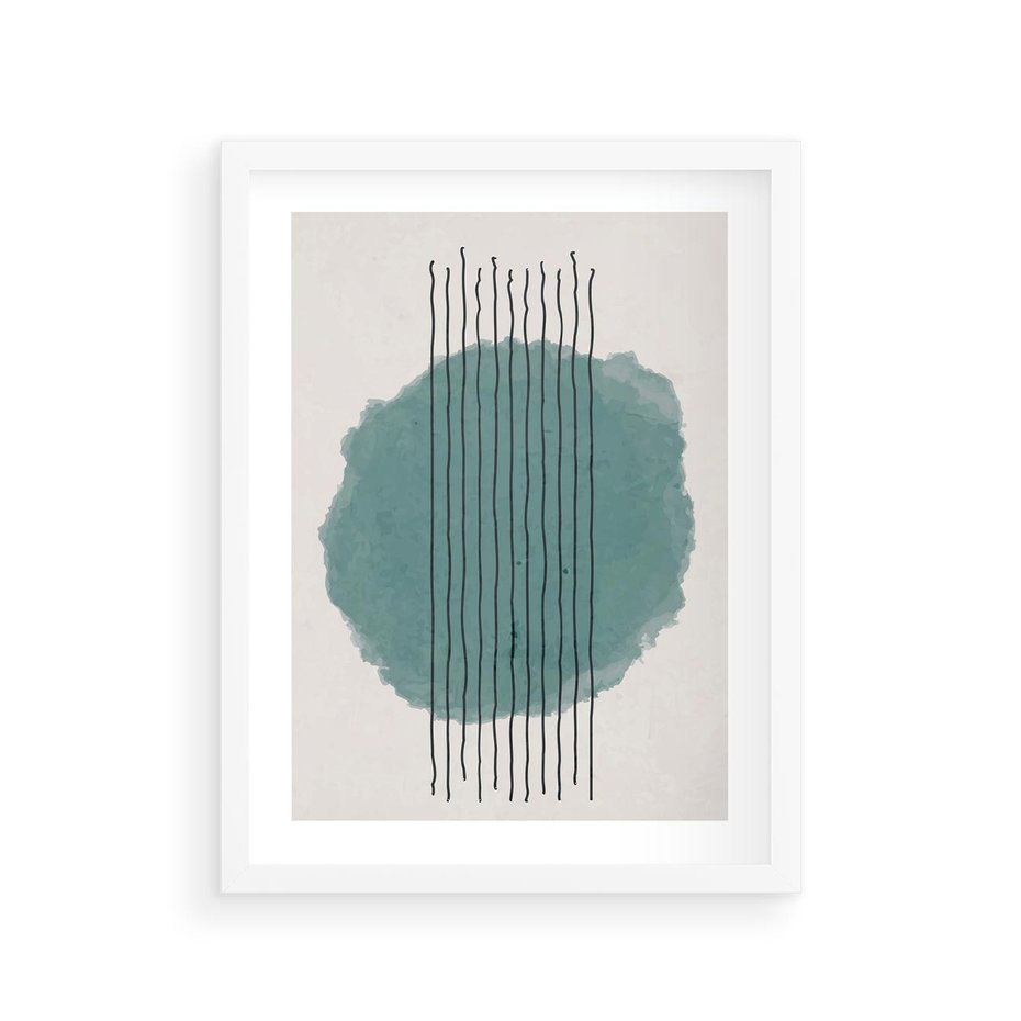 Plakat w ramie 30x40 - Podróżne Inspiracje - abstrakcyjna akwarelowa plama, nieregularne kreski - rama biała