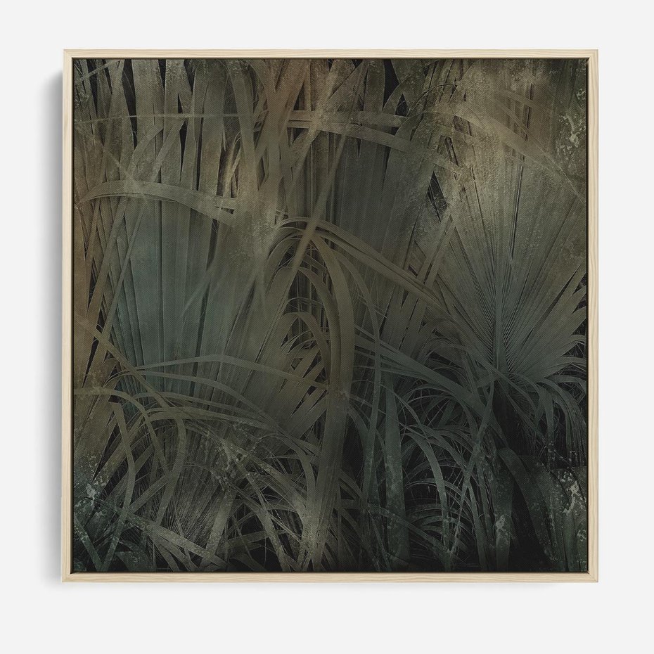 Obraz w ramie 80x80 - Światło w mroku duszy - liście traw, mroczny klimat - rama drewno