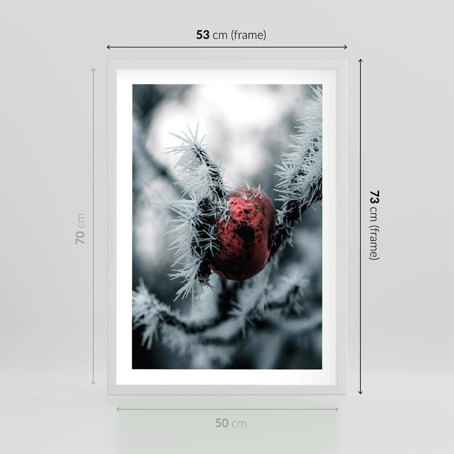Plakat w ramie 50x70 - Chwila Zimowego Uroku - zima, ośnieżona gałązka - rama biała