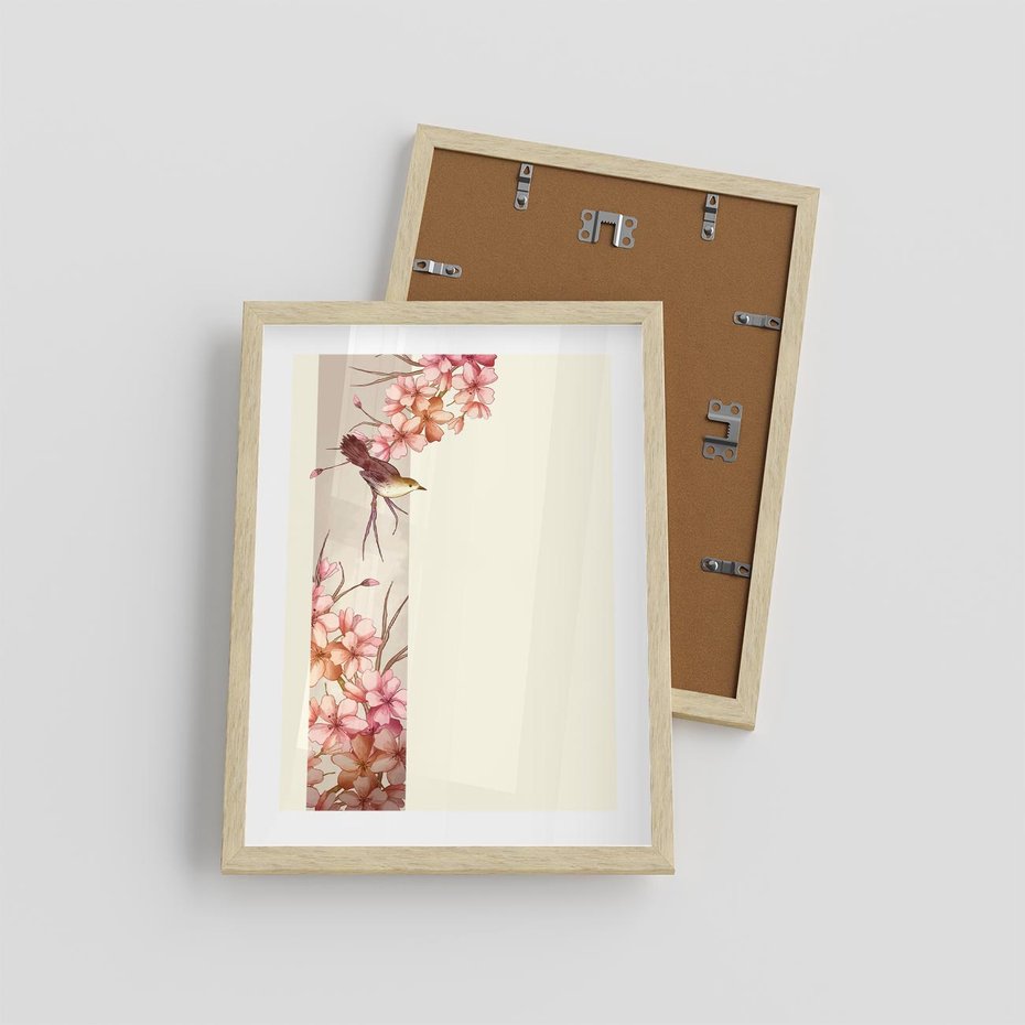 Plakat w ramie 30x40 - Rozkwitające Marzenia - japońska sztuka, ptak - rama drewno