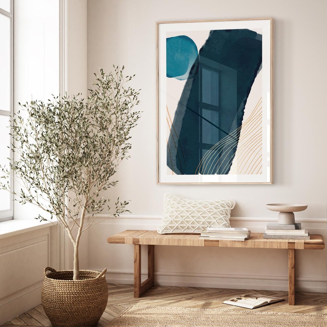 Plakat w ramie 40x50 - Nocne Widzenia - abstrakcyjna granatowa plama, akwarela - rama drewno