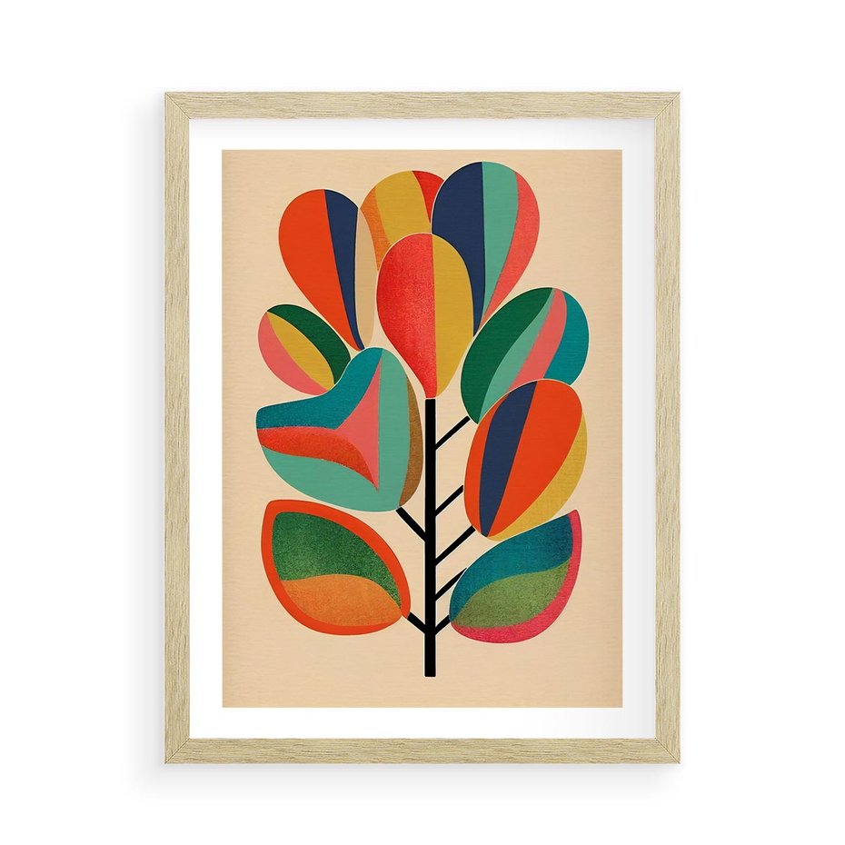 Plakat w ramie 50x70 - Wnętrza Kształtów - abstrakcyjny kolorowy tęczowy obraz, inspiracje roślinne - rama drewno
