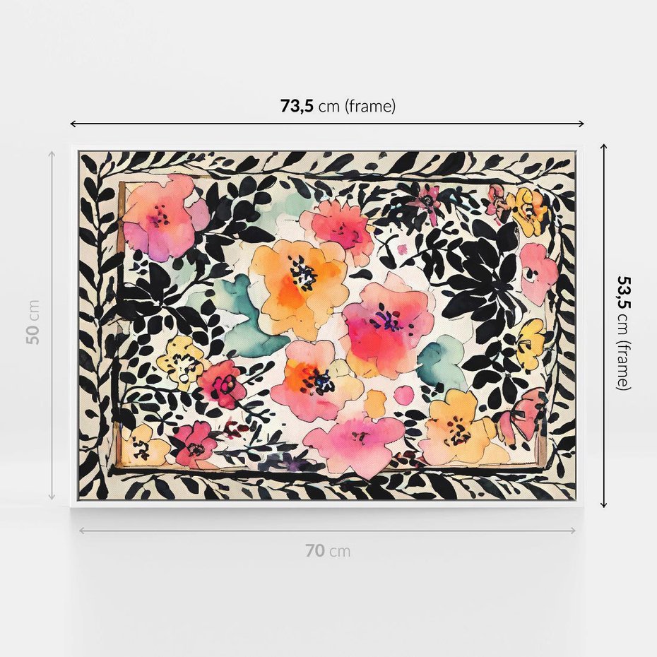 Obraz w ramie 70x50 - Opowieść w kroplach farb - akwarelowe kwiaty, mocna ornamentowa czarna ramka namalowana dookoła obrazu - rama biała