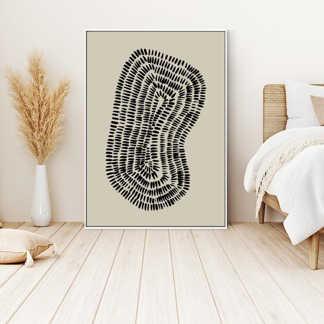 Obraz w ramie 80x120 - Nowoczesne Odbicia Wnętrza - boho plakat, czarne kropki kreski - rama biała