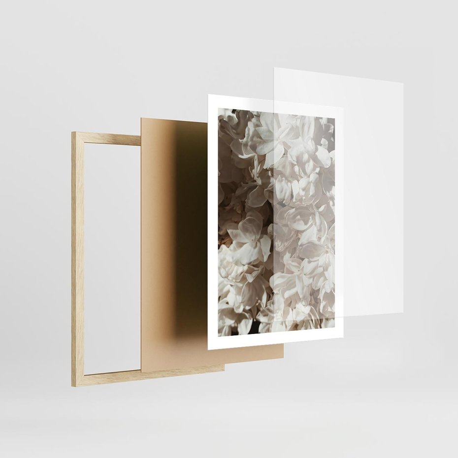 Plakat w ramie 50x70 - Płatki w Detalu - białe kwiaty, zbliżenie - rama drewno