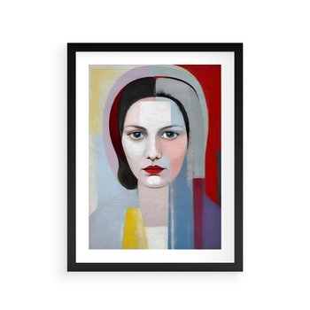 Plakat w ramie 40x50 - Kolorowe Granice Form - abstrakcyjny obraz olejny, portret twarzy kobiety - rama czarna