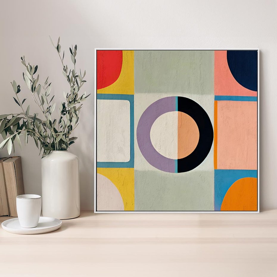 Obraz w ramie 50x50 - Taniec Kształtów Emocji - abstrakcyjne geometryczne kształty, olejny obraz - rama biała