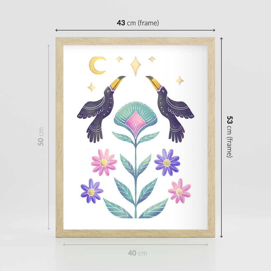 Plakat w ramie 40x50 - Przenikająca Dżungla - boho plakat, tukany - rama drewno