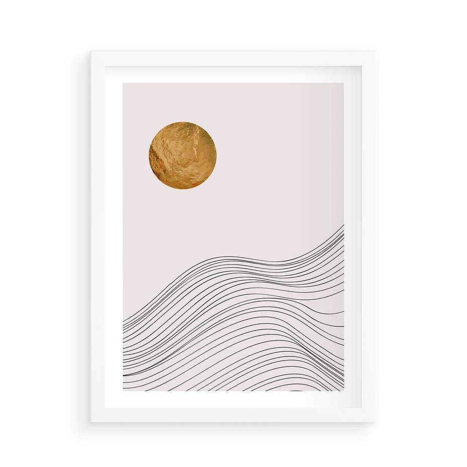 Plakat w ramie 50x70 - Minimalistyczne Słońce: Blask i Złoto - grafika, minimalizm - rama biała