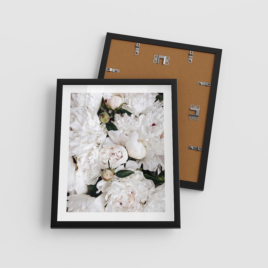 Plakat w ramie 40x50 - Modne Białe Kwiaty - białe kwiaty, płatki - rama czarna