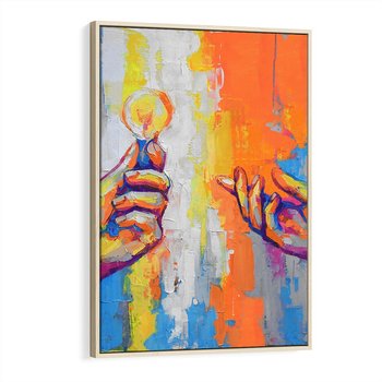 Obraz w ramie 80x120 - Refrakcje wewnętrznego światła - abstrakcyjne dzieło, dłoń trzyma żarówkę - rama drewno