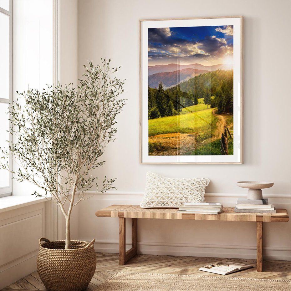 Plakat w ramie 50x70 - Zachód słońca na łące - zachód, łąka - rama drewno