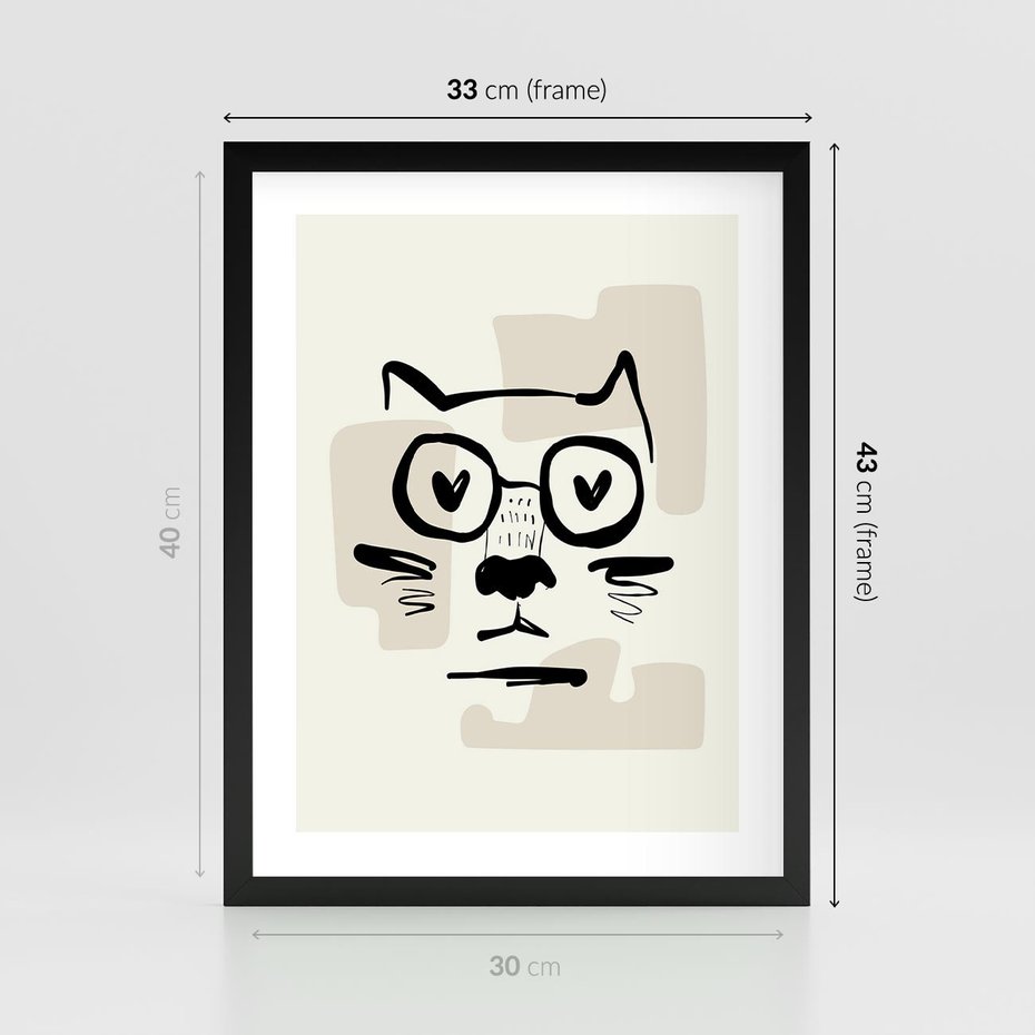Plakat w ramie 30x40 - Minimalistyczny Kot: Czarna Kreska - kot, grafika - rama czarna