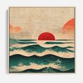 Obraz w ramie 80x80 - Czerwone Melodie - japońska sztuka, zachód słońca nad oceanem - rama drewno