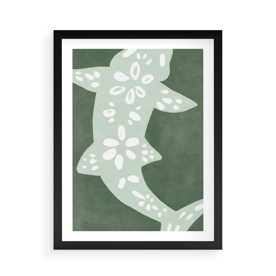 Plakat w ramie 50x70 - Migotliwe Wibracje Zieleni - zielony plakat, abstrakcja przypominająca rybę - rama czarna