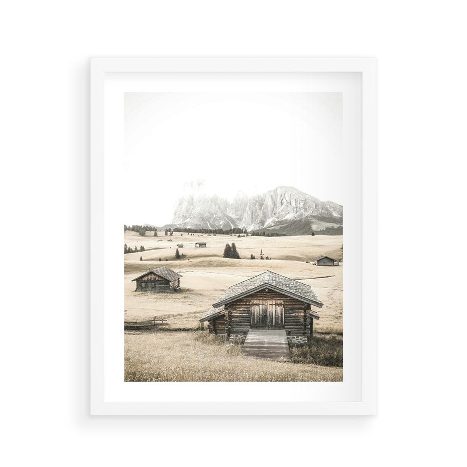 Plakat w ramie 40x50 - Chatka w Górskiej Sepii - domek w górach, chatka - rama biała