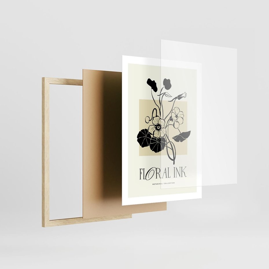 Plakat w ramie 50x70 - Podróż linii kwiatowego czasu - kwiaty, typografia - rama drewno