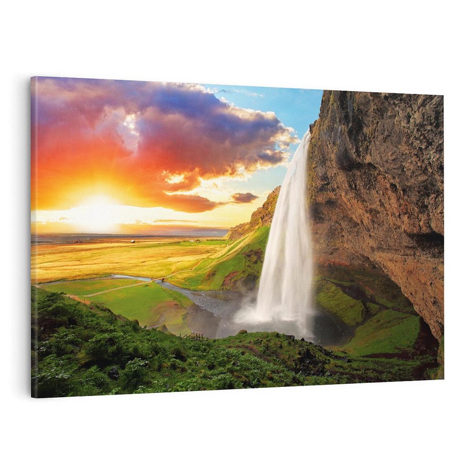 Obraz na płótnie 100x70 - Zachód słońca nad islandzkim wodospadem - Islandia, wodospad