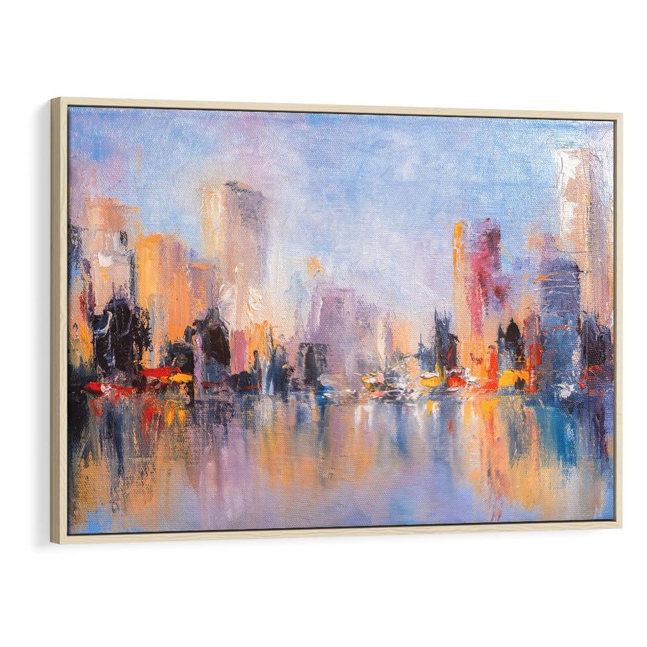 Obraz w ramie 70x50 - Miasto Refleksji - olejna panorama miasta w oddali, wiezowce odbijają się w rzece - rama drewno