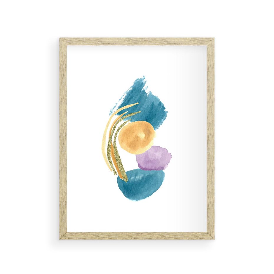 Plakat w ramie 30x40 - Migocące Barwy Akwarel - akwarelowe plamy w odcieniach błękitu, złote kreski - rama drewno