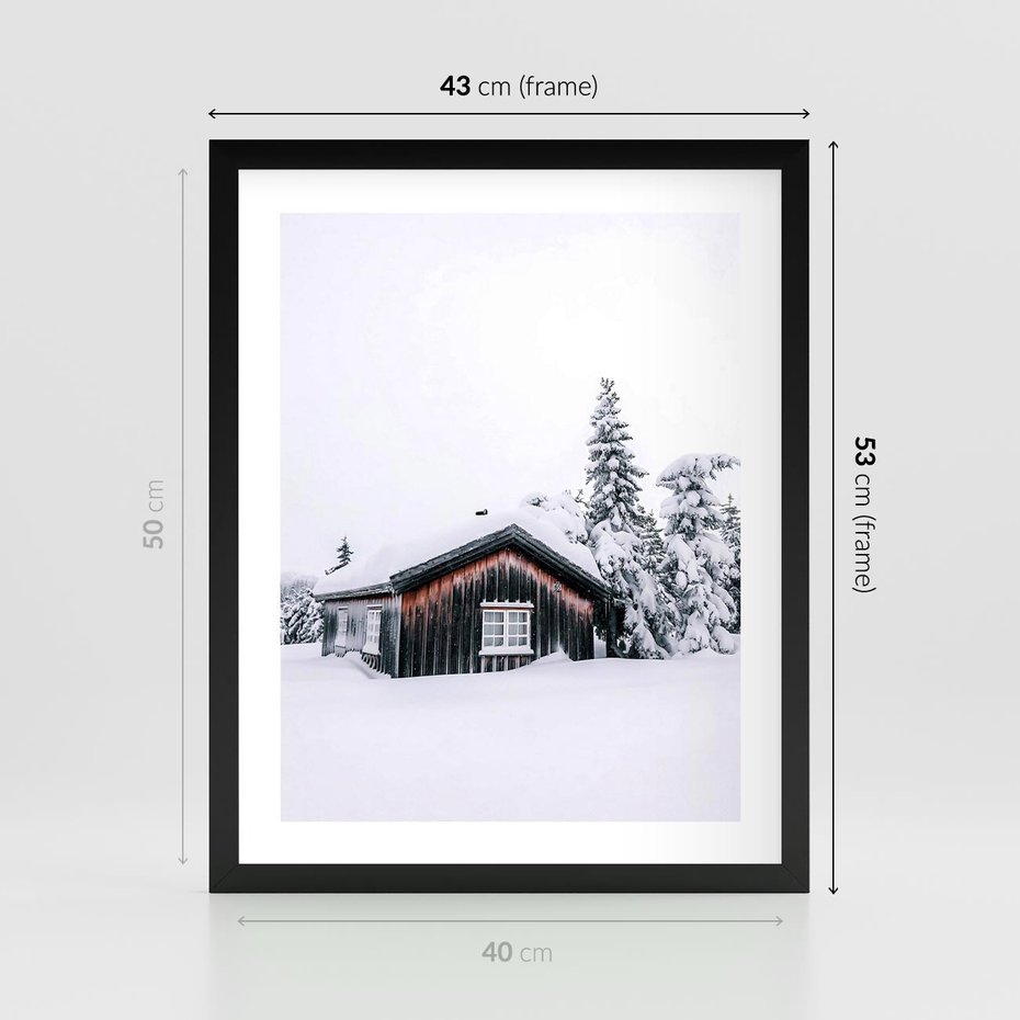 Plakat w ramie 40x50 - Zimowy Azyl: Domek w Górach - domek w górach, śnieg - rama czarna
