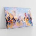 Obraz na płótnie 120x80 - Miasto Refleksji - olejna panorama miasta w oddali, wiezowce odbijają się w rzece