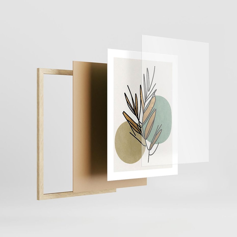 Plakat w ramie 30x40 - Migocące Ścieżki Wizji - abstrakcyjny obraz boho, liście - rama drewno