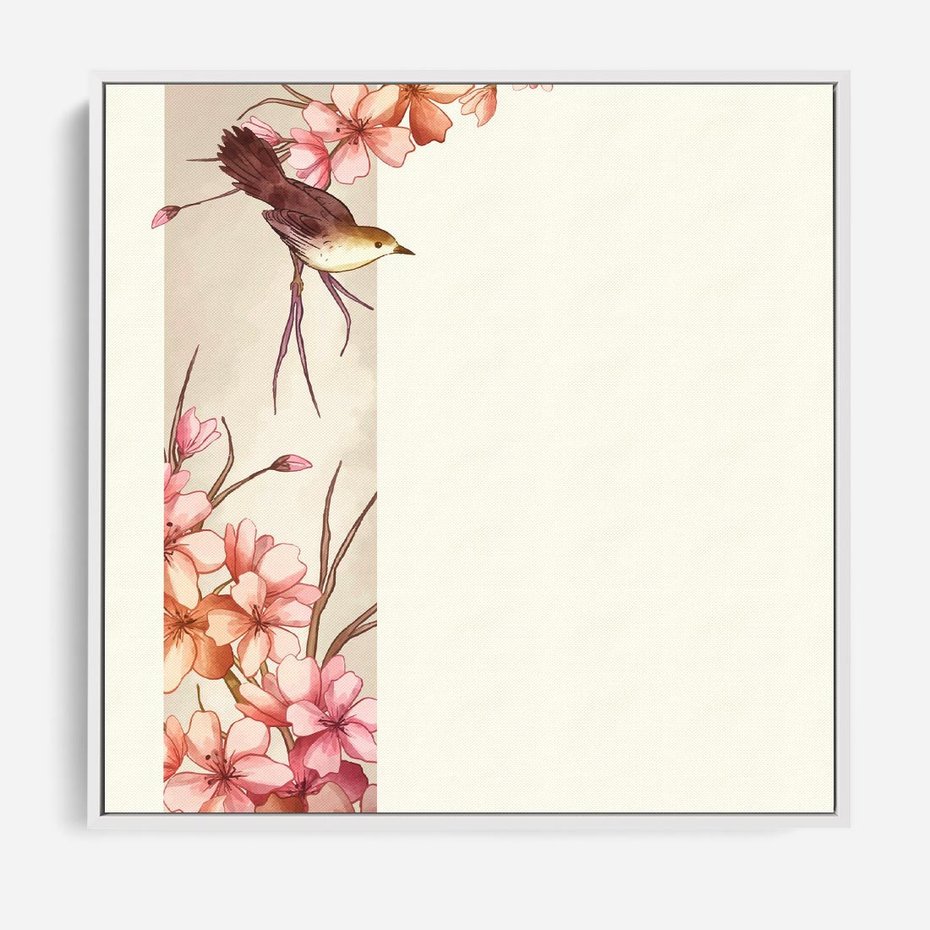 Obraz w ramie 50x50 - Rozkwitające Marzenia - japońska sztuka, ptak - rama biała