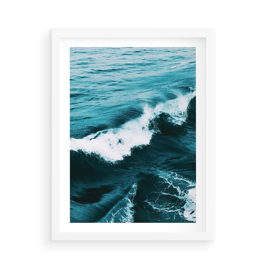 Plakat w ramie 50x70 - Wibracje Oceanu - turkusowy ocean, fale - rama biała