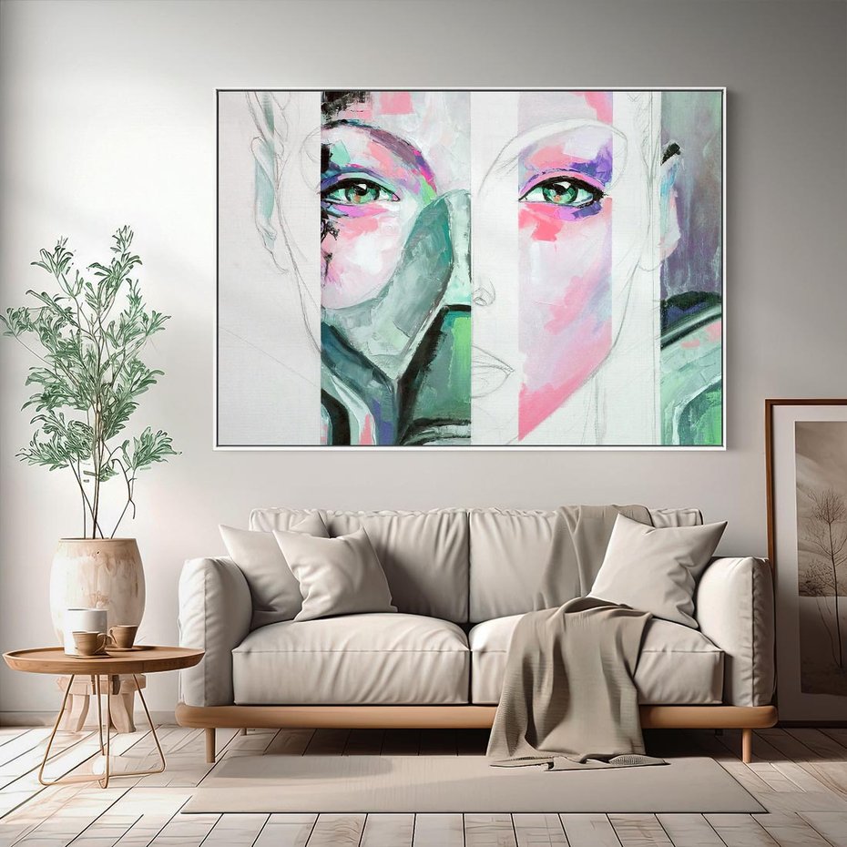 Obraz w ramie 70x50 - Niezakończona Piękność - abstrakcyjny obraz olejny, portret kobiety - rama biała