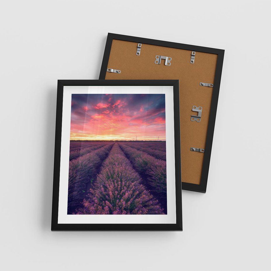 Plakat w ramie 40x50 - Różowe Niebo nad Polami - pola lawendy, zachód słońca - rama czarna