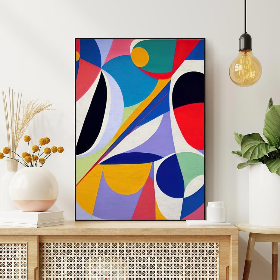 Obraz w ramie 70x100 - Kolorowe Przesunięcia Kształtów - abstrakcyjny obraz olejny, żywe kolory - rama czarna