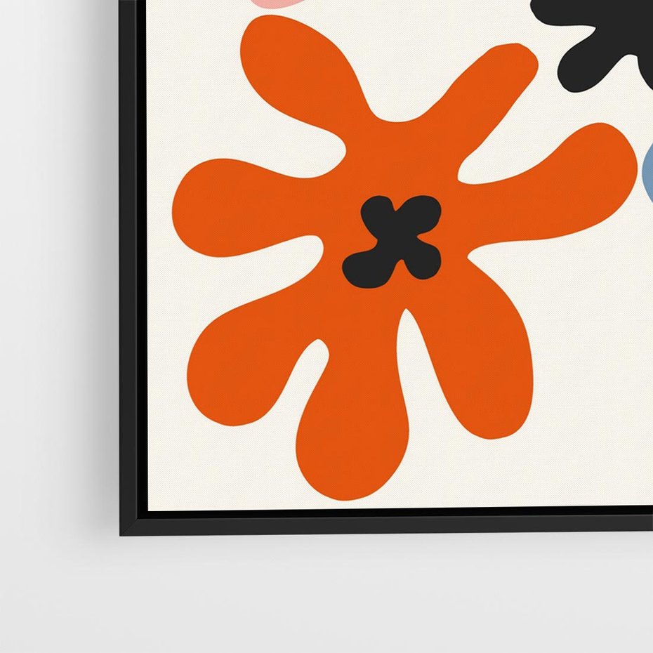 Obraz w ramie 50x50 - Taniec Akwareli - abstrakcyjne wielokolorowe kwiaty, minimalizm - rama czarna