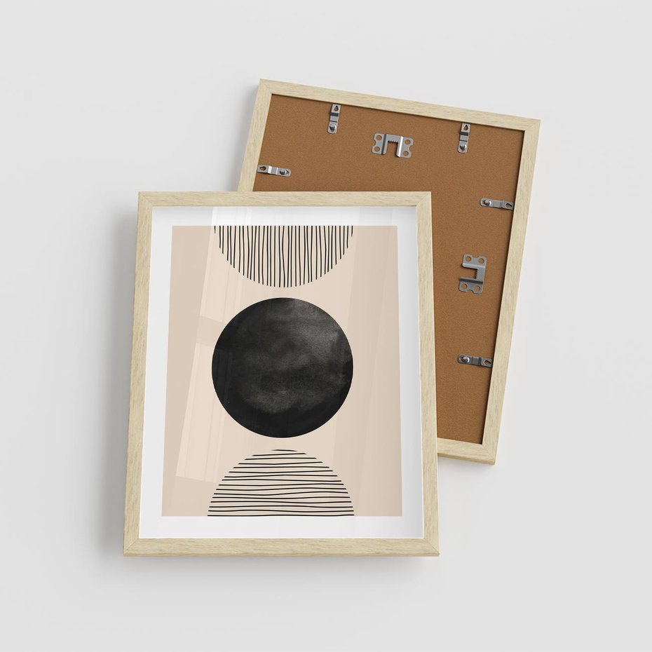 Plakat w ramie 40x50 - Minimalizm w Kształtach - geometryczny graficzny obraz, czarne koło - rama drewno