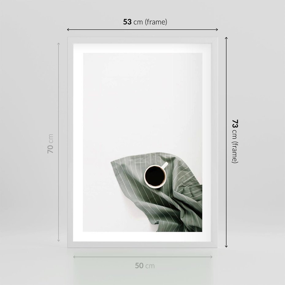 Plakat w ramie 50x70 - Poranek z Kawą - kawa, biała filiżanka - rama biała