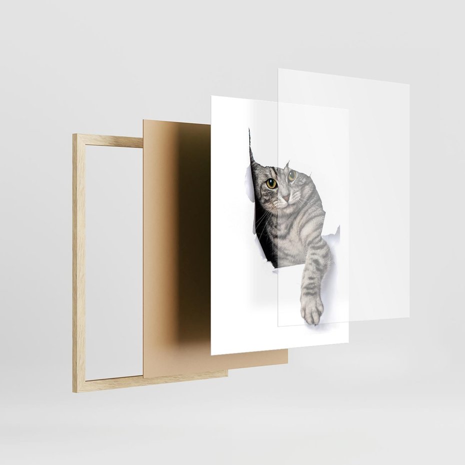Plakat w ramie 50x70 - Tajemniczy kot i jego świat - kot, dziura - rama drewno