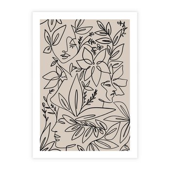 Plakat bez ramy 21x30 - Kobiecy Portret Duszy - beżowe tło, czarny szkic nowoczesnych kwiatów