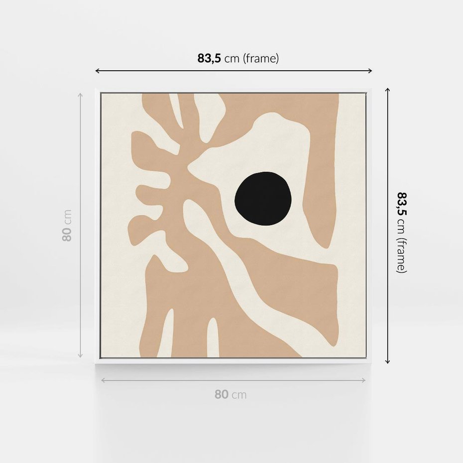 Obraz w ramie 80x80 - Eksploracja Abstrakcji - beżowa absrakcyjna kompozycja, czarny akcent - rama biała