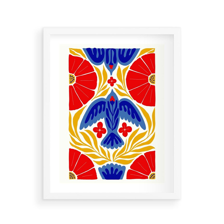 Plakat w ramie 40x50 - Eklektyczny Majestat - wyrazista grafika, mocne kolory czerwień niebieski żółty - rama biała