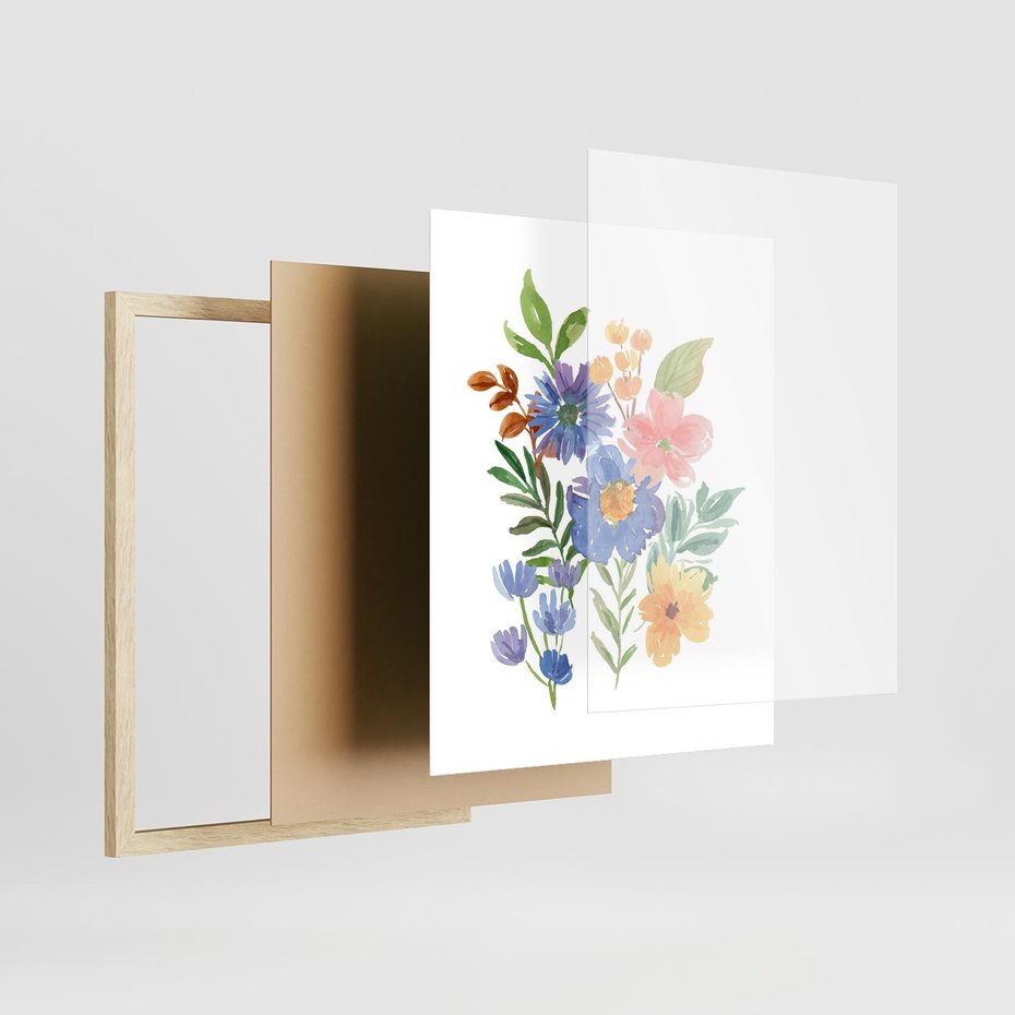 Plakat w ramie 40x50 - Kwiatowe Opowieści - akwarelowe polne kwiaty, minimalistyczna sztuka - rama drewno