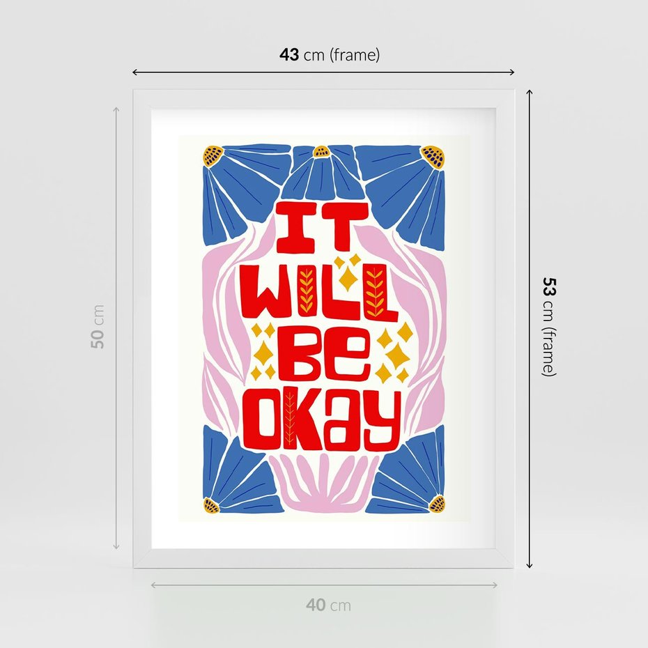 Plakat w ramie 40x50 - Kwiatowa Ekstaza - czerwona pozytywna typografia, kwiatowa kompozycja - rama biała