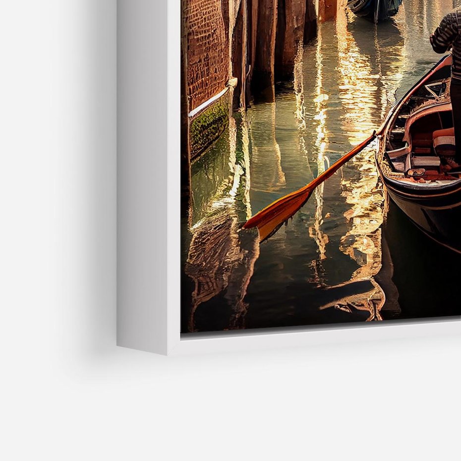 Obraz w ramie 80x80 - Spokojna Wenecja - gondolier w gondoli, kanały Wenecji - rama biała