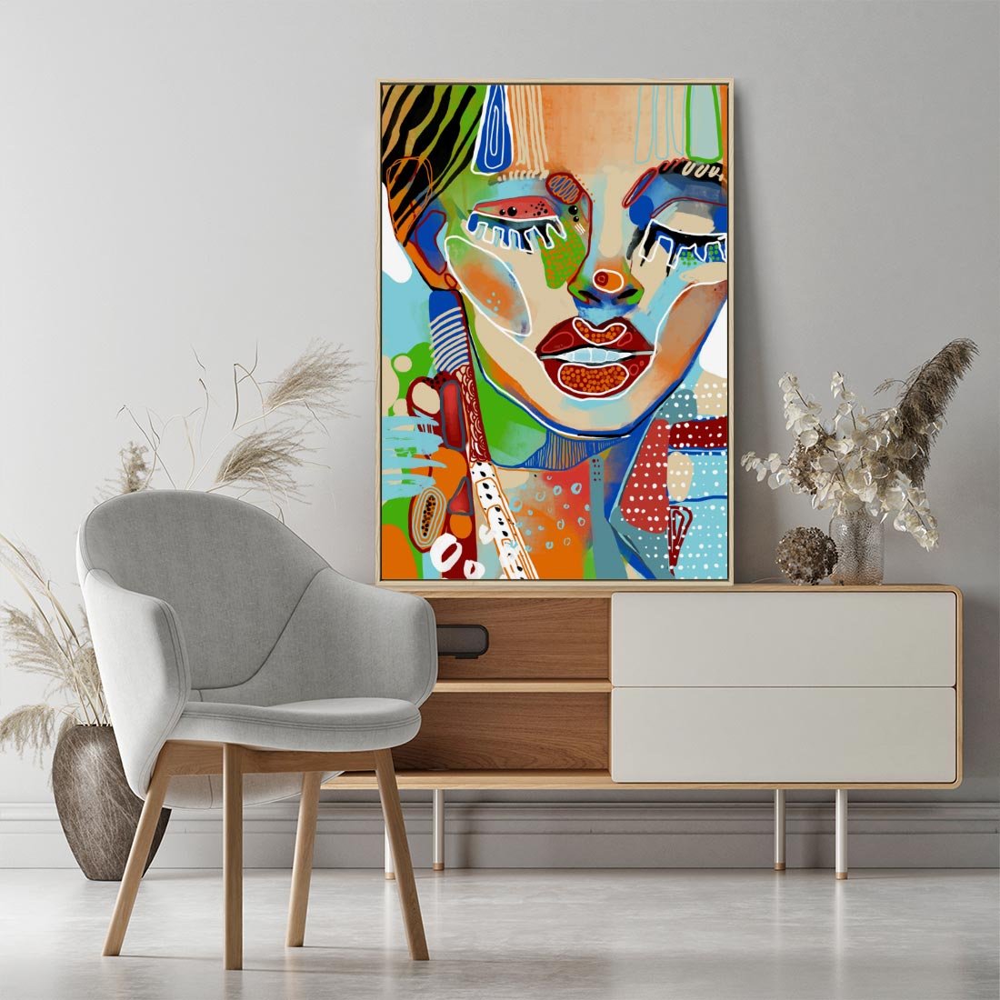Obraz w ramie 80x120 - Kolorowe Formy - abstrakcyjny portret kobiety, twarz - rama drewno