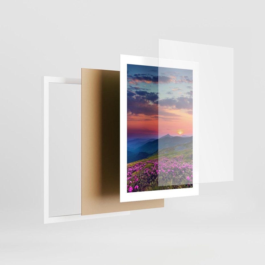 Plakat w ramie 30x40 - Górski Zachód - góry, łąka - rama biała
