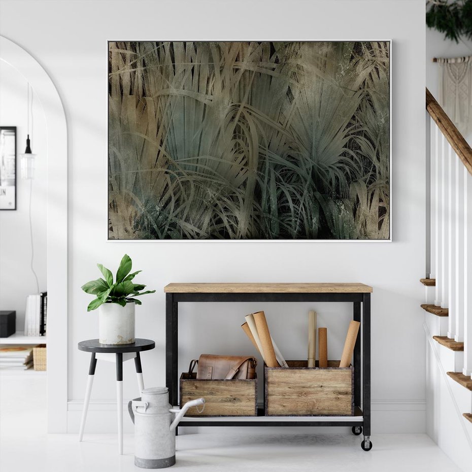 Obraz w ramie 120x80 - Światło w mroku duszy - liście traw, mroczny klimat - rama biała