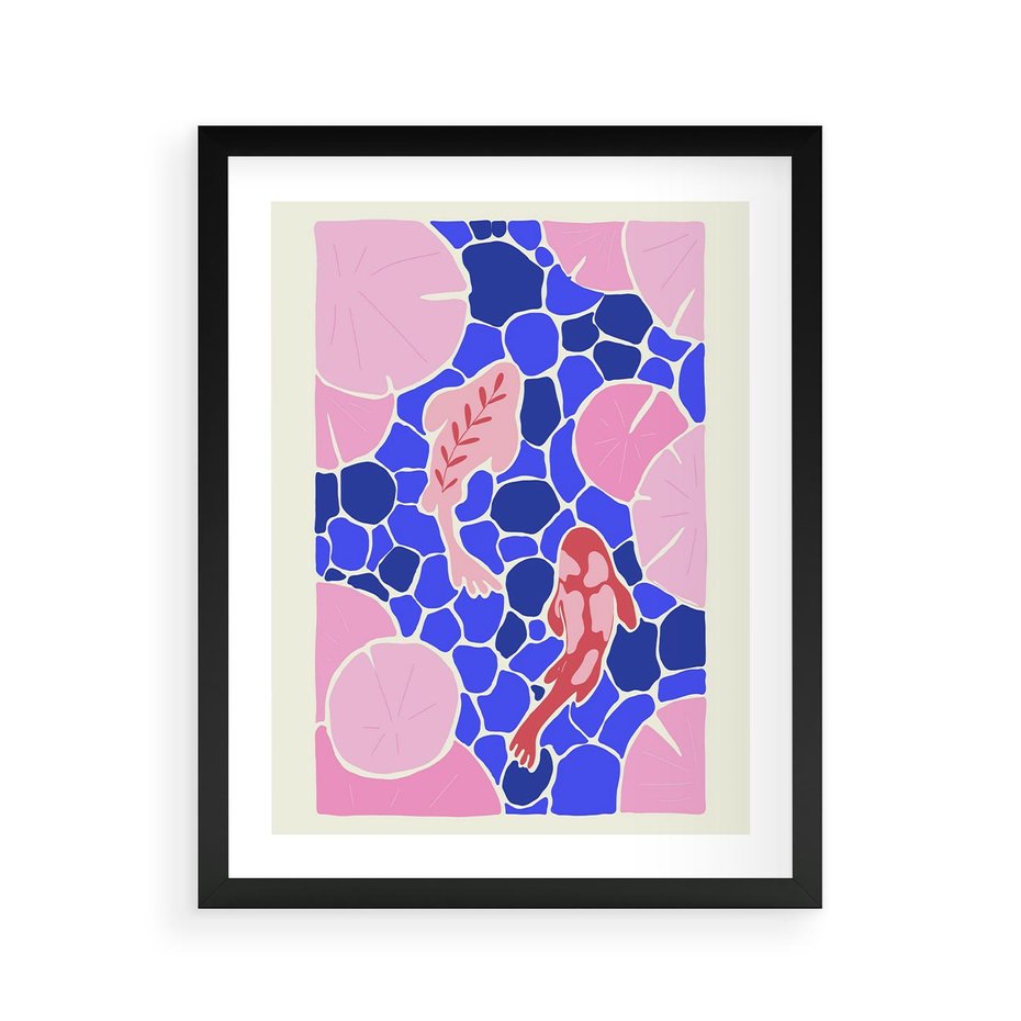 Plakat w ramie 40x50 - Rzeka Abstrakcji - abstrakcyjna kompozycja, różowe ryby wśród rafy - rama czarna