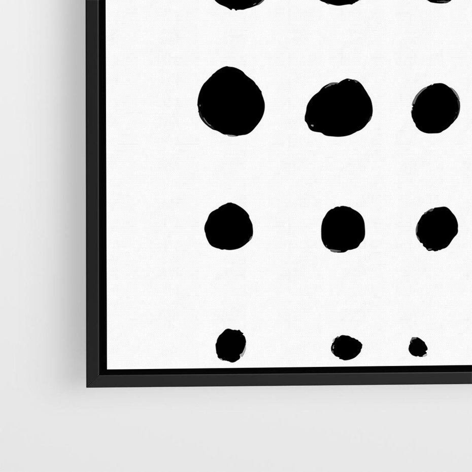 Obraz w ramie 50x50 - Refleksje Światła - minimalistyczna kompozycja, czarne kropkina białym tle - rama czarna