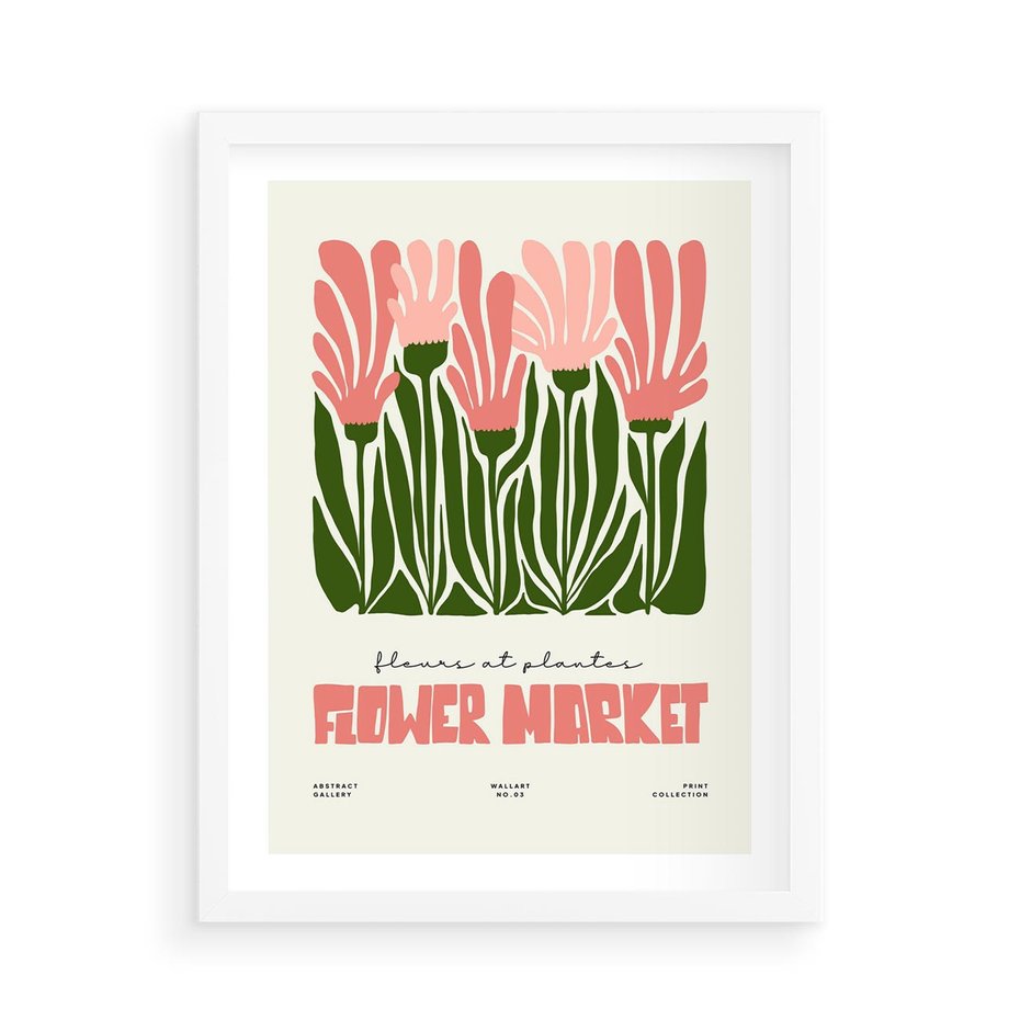 Plakat w ramie 50x70 - Symfonia Kolorowych Kształtów - nowoczesna grafika, kwiatowa kompozycja - rama biała