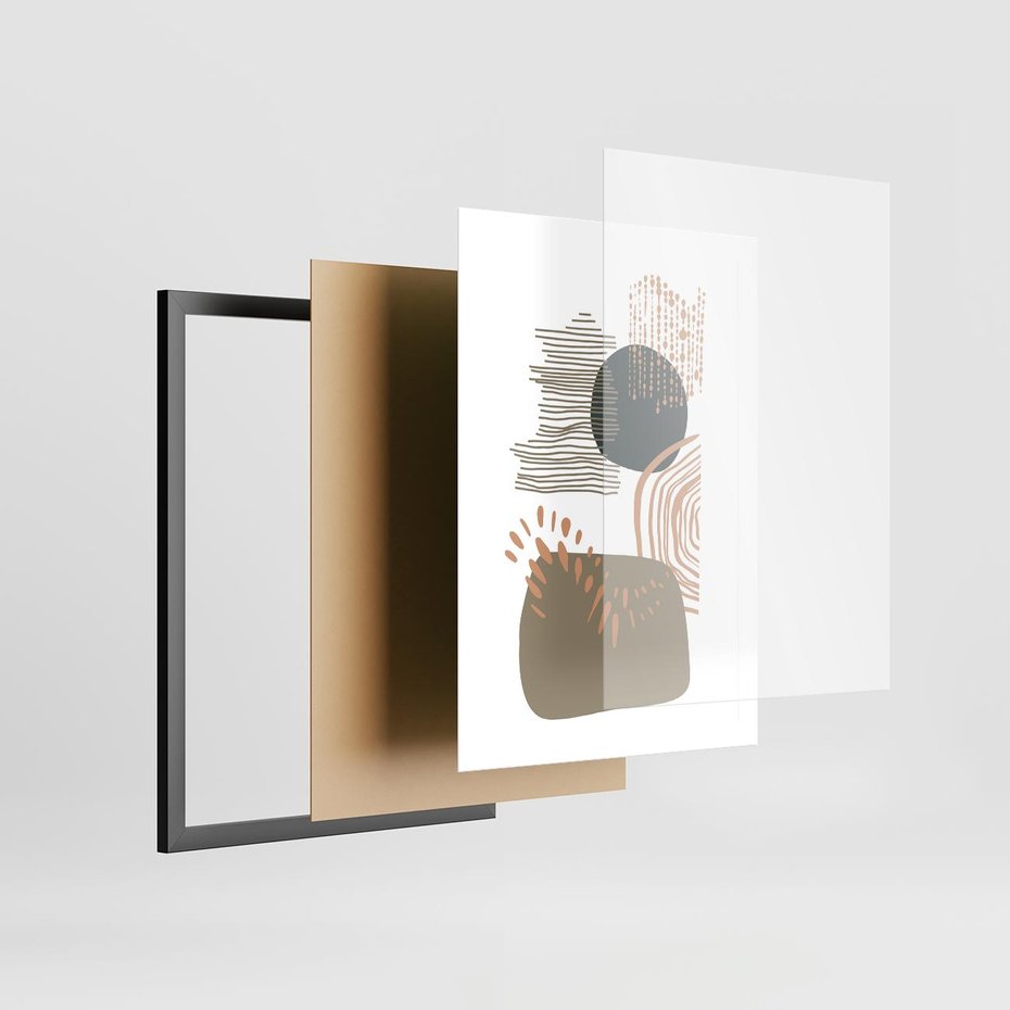 Plakat w ramie 50x70 - Taniec Plam - abstrakcyjna kompozycja z kropek kresek i kółek, odcienie brązu i beżu - rama czarna