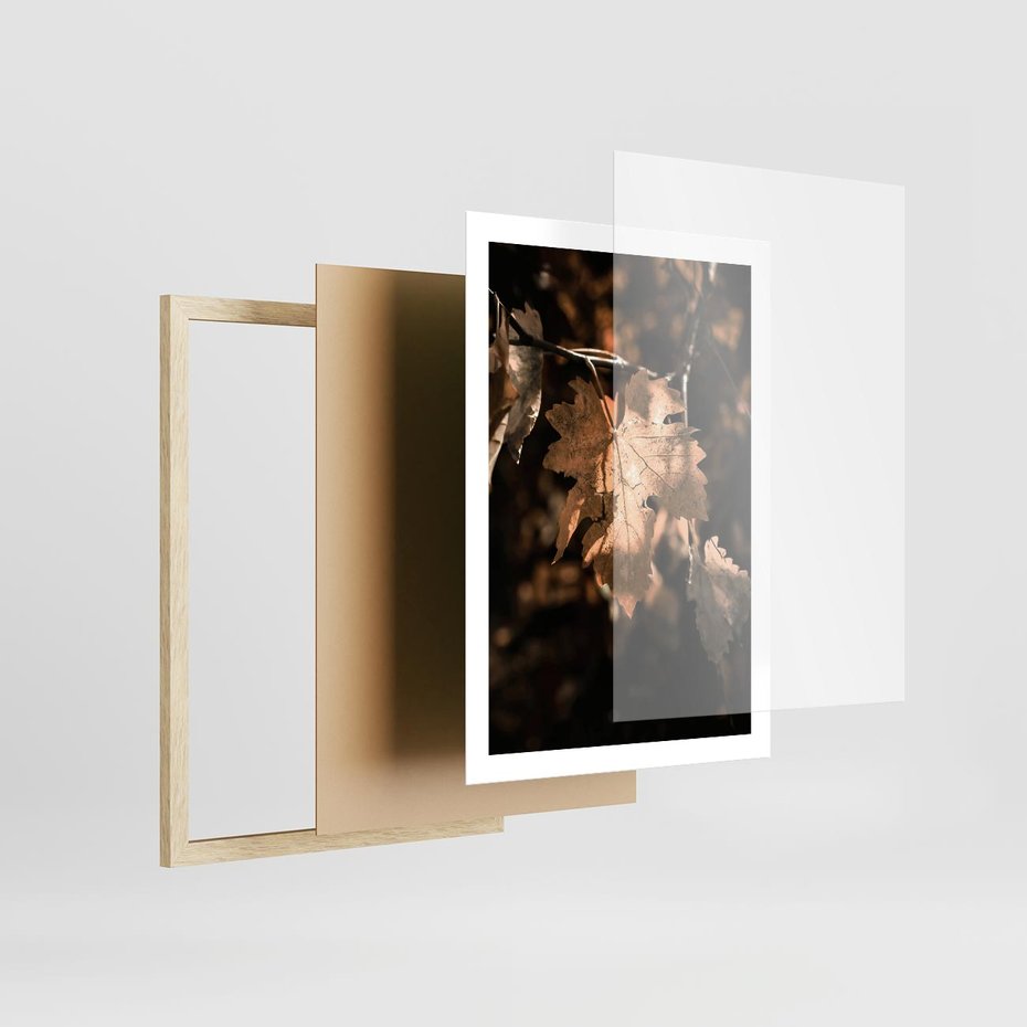 Plakat w ramie 50x70 - Uroczy Liść na Drzewie - jesienny liść, żółty liść na drzewie - rama drewno